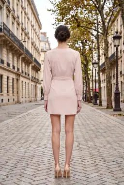 فستان قصير ملفوف بيج بأكمام طويلة ومثني