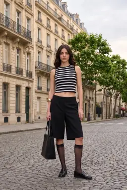Siyah Beyaz Çizgili Dik Yaka Fitilli Crop Top