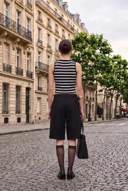 Siyah Beyaz Çizgili Dik Yaka Fitilli Crop Top
