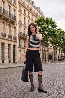 Siyah Beyaz Çizgili Dik Yaka Fitilli Crop Top