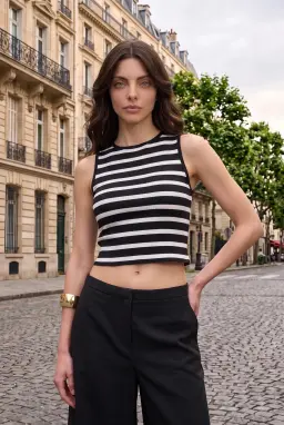 Siyah Beyaz Çizgili Dik Yaka Fitilli Crop Top