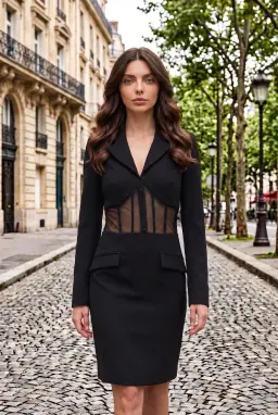Abito Blazer Nero Mini Maniche Lunghe con Tulle