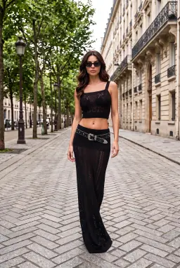 Ensemble Crop Top et Jupe Maxi en Maille Noire