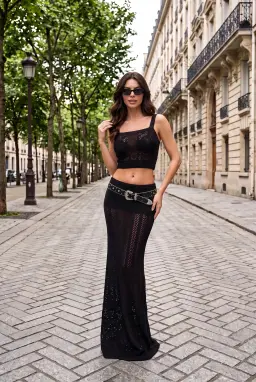 Ensemble Crop Top et Jupe Maxi en Maille Noire