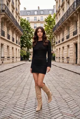 Mini Robe Noire en Crochet à Manches Longues