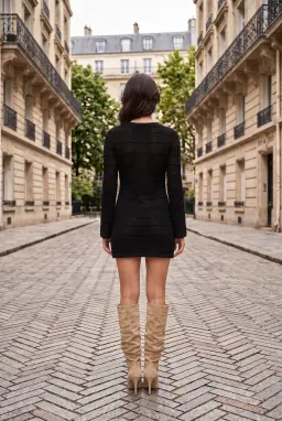 Mini Robe Noire en Crochet à Manches Longues