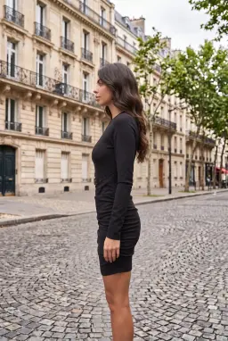 Schwarzes Langarm-Bodycon-Kleid mit Taillenausschnitt