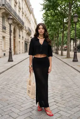 Ensemble Deux Pièces Jupe et Crop Top en Maille Ajourée Noire
