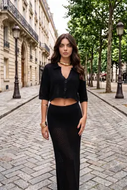 Ensemble Deux Pièces Jupe et Crop Top en Maille Ajourée Noire