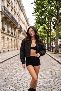 Chaqueta Bomber Corta Acolchada Negra con Cremallera y Bajo Ajustable
