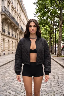 Chaqueta Bomber Corta Acolchada Negra con Cremallera y Bajo Ajustable