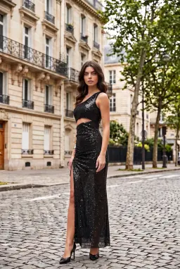 Đầm Maxi Sequin Đen Lệch Vai Khoét Eo Xẻ Tà