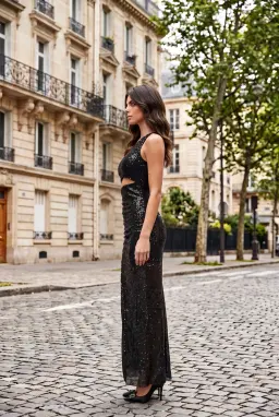 Đầm Maxi Sequin Đen Lệch Vai Khoét Eo Xẻ Tà