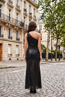 Đầm Maxi Sequin Đen Lệch Vai Khoét Eo Xẻ Tà