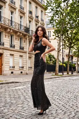 Đầm Maxi Sequin Đen Lệch Vai Khoét Eo Xẻ Tà