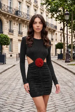 Vestido Mini Preto Brilhante de Manga Longa com Recortes