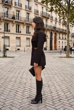معطف ترنش قصير مزدوج الصدر أسود مع حزام متباين