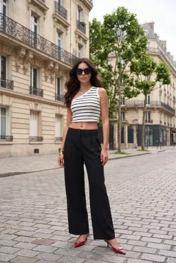 Pantaloni da donna neri sartoriali, a gamba larga con doppia piega