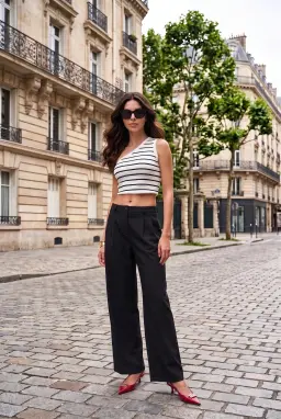 Pantaloni da donna neri sartoriali, a gamba larga con doppia piega