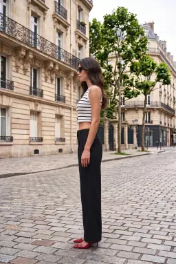 Pantaloni da donna neri sartoriali, a gamba larga con doppia piega