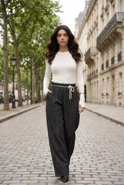 Black Tweed Drawstring Trousers Relaxed Fit