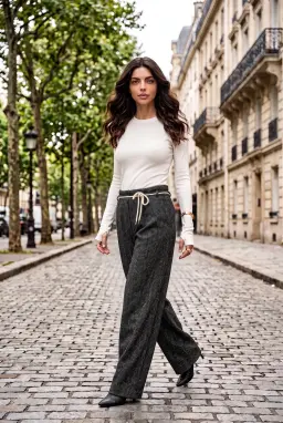 Black Tweed Drawstring Trousers Relaxed Fit