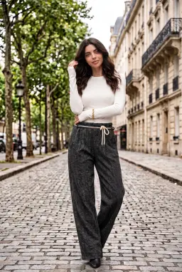 Black Tweed Drawstring Trousers Relaxed Fit