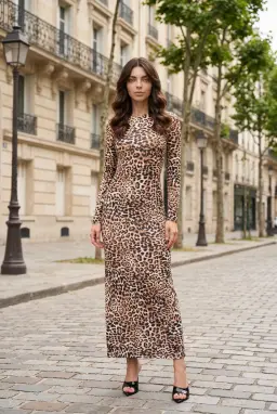 Vestido Longo Justo de Manga Comprida com Estampa de Leopardo Marrom