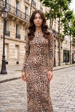 Vestido Longo Justo de Manga Comprida com Estampa de Leopardo Marrom