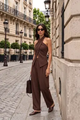 Set Hai Món Áo Cổ Yếm Đắp Chéo Vải Linen Màu Nâu Kèm Quần Dài