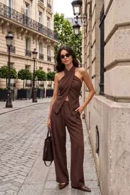 Set Hai Món Áo Cổ Yếm Đắp Chéo Vải Linen Màu Nâu Kèm Quần Dài