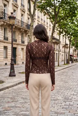 Blusa de Encaje Transparente de Manga Larga Marrón