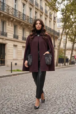 Burgundy Lined Cape Coat with Fur Pockets