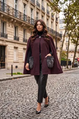 Burgundy Lined Cape Coat with Fur Pockets