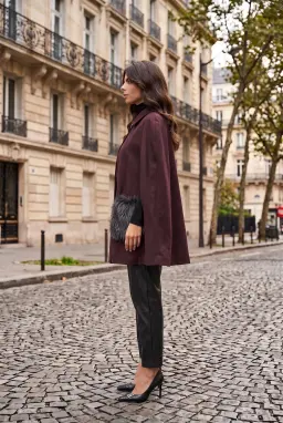 Burgundy Lined Cape Coat with Fur Pockets