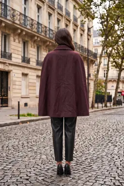 Burgundy Lined Cape Coat with Fur Pockets
