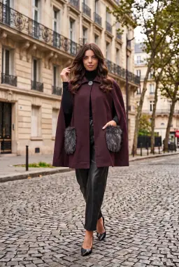 Burgundy Lined Cape Coat with Fur Pockets