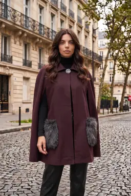 Burgundy Lined Cape Coat with Fur Pockets