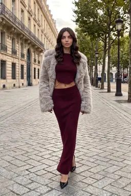 Ensemble Jupe Longue et Crop Top Bordeaux en Maille Côtelée avec Chaîne