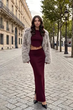 Ensemble Jupe Longue et Crop Top Bordeaux en Maille Côtelée avec Chaîne