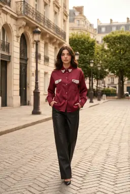 Áo sơ mi satin màu đỏ burgundy đính ngọc trai