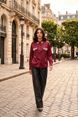 Áo sơ mi satin màu đỏ burgundy đính ngọc trai