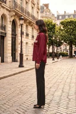 Áo sơ mi satin màu đỏ burgundy đính ngọc trai