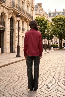 Áo sơ mi satin màu đỏ burgundy đính ngọc trai