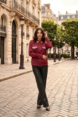 Áo sơ mi satin màu đỏ burgundy đính ngọc trai