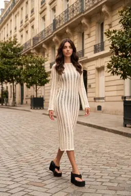 Häkel-Midirock - Ecru Langarm Strickkleid