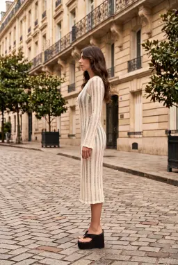 Häkel-Midirock - Ecru Langarm Strickkleid