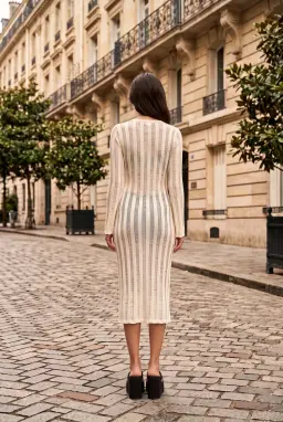 Häkel-Midirock - Ecru Langarm Strickkleid