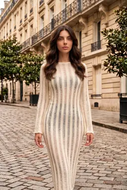 Häkel-Midirock - Ecru Langarm Strickkleid
