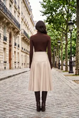 Chân Váy Midi Xòe Giả Da Màu Be Cạp Cao